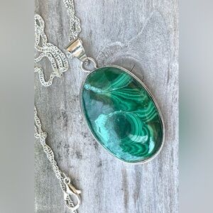 😵 Oval green malachite banded pendant necklace 925 Sterling silver plate round